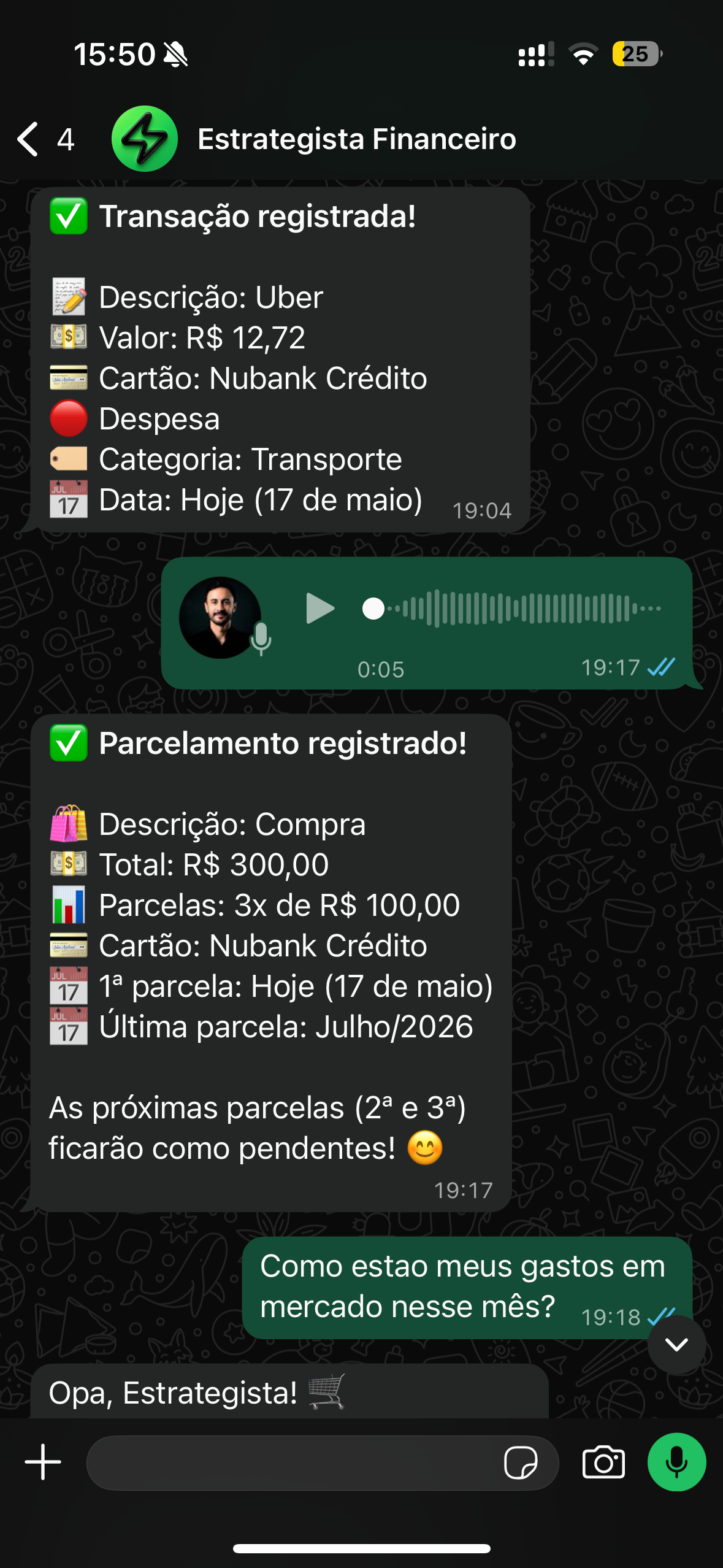 Despesas por áudio ou texto.